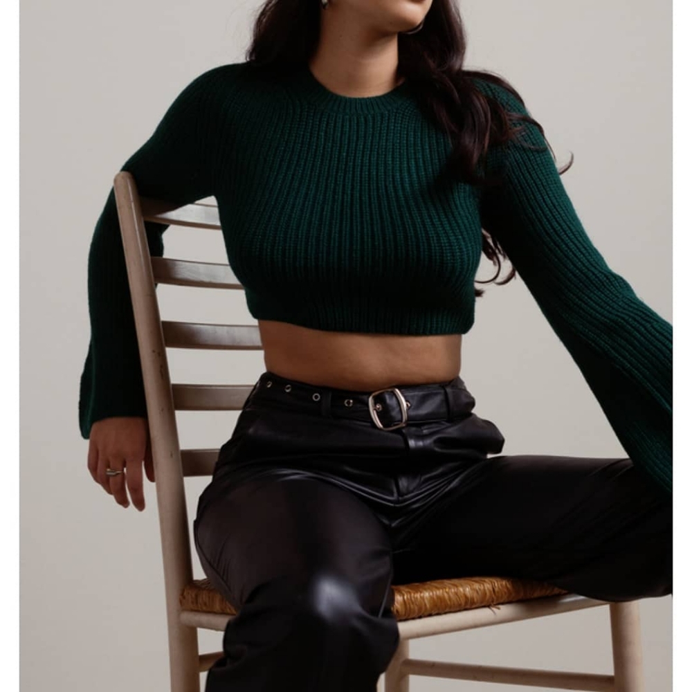 SOLD // TOBI Green Bell Sleeve Sweater Crop Top - Picture 1 of 4
